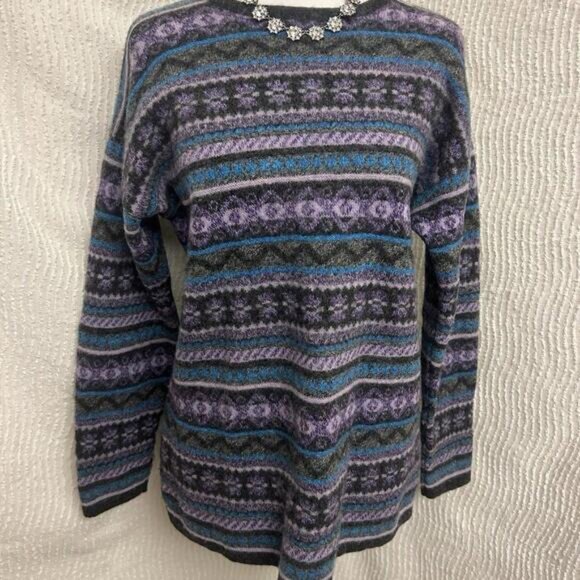 Vintage Maglia Donna Wool Blend Sweater L Italy Gray Purple Blue Striped Boho - Picture 2 of 8